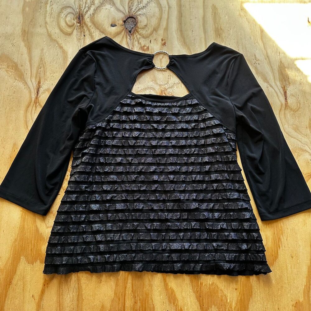 AGB Black Metallic Shimmer Tiered Ruffle Blouse - XL
